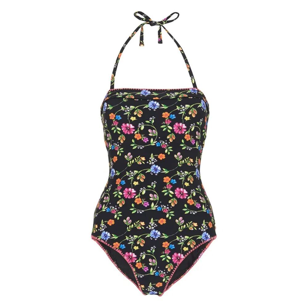 WHISTLES Pansy Print Bandeau Swimsuit black floral size 4